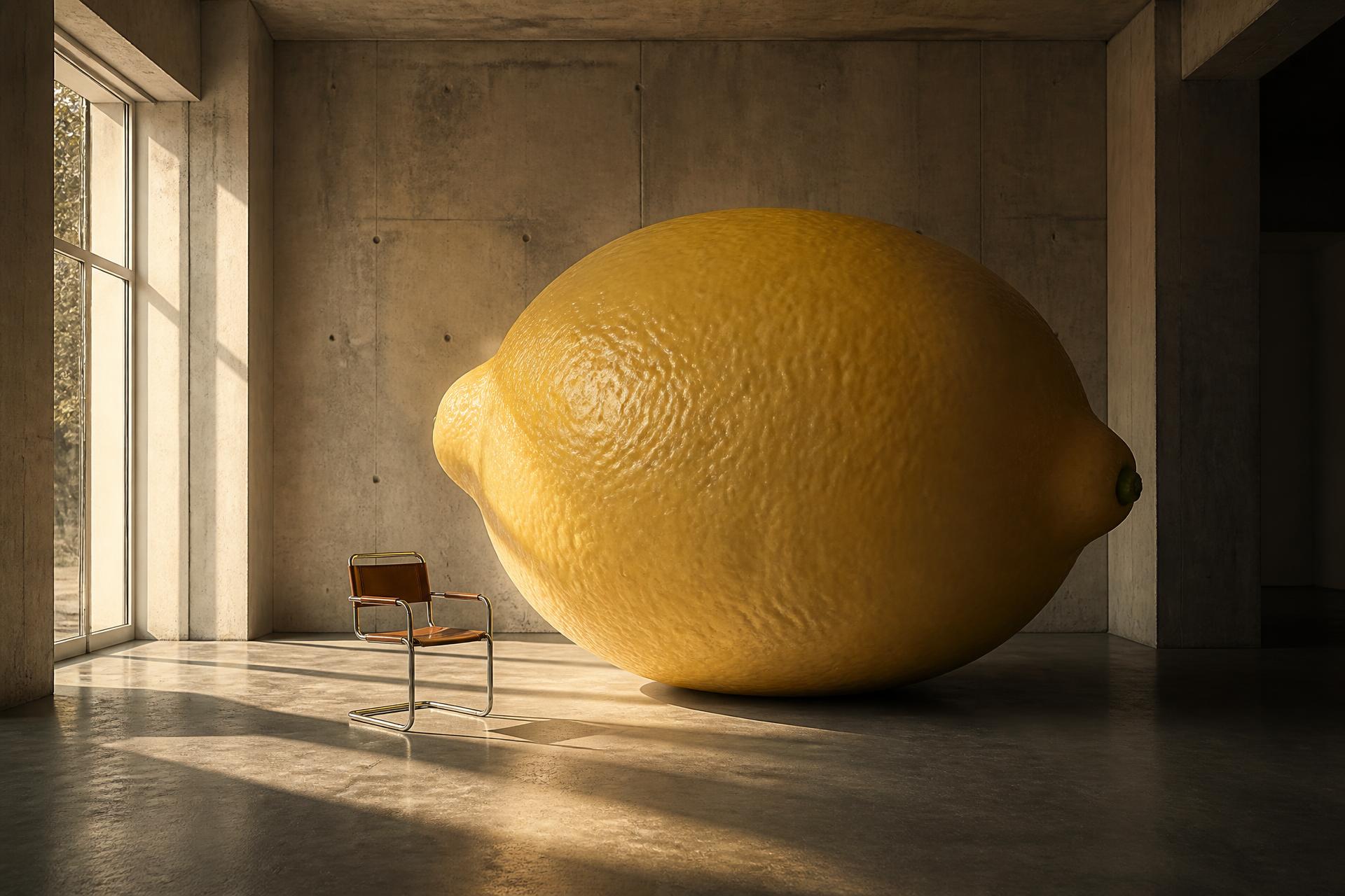 An enormous lemon fills an empty concrete gallery, a small chair beside it for scale.
