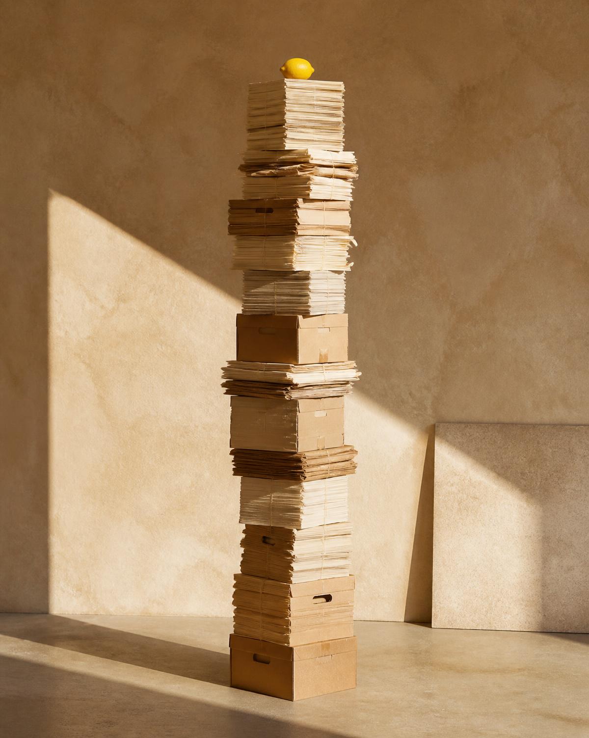 A lemon balanced on top of a tall, precarious stack of paper and boxes.